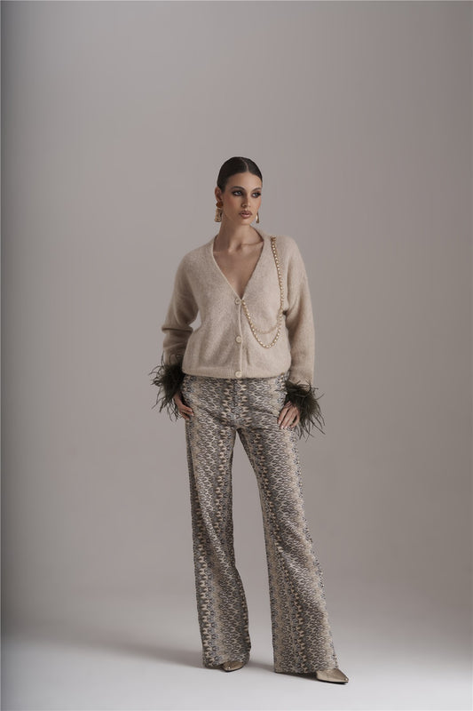 Cardigan Alpaca Lux Com Plumas nos Punhos - Pho Firenze