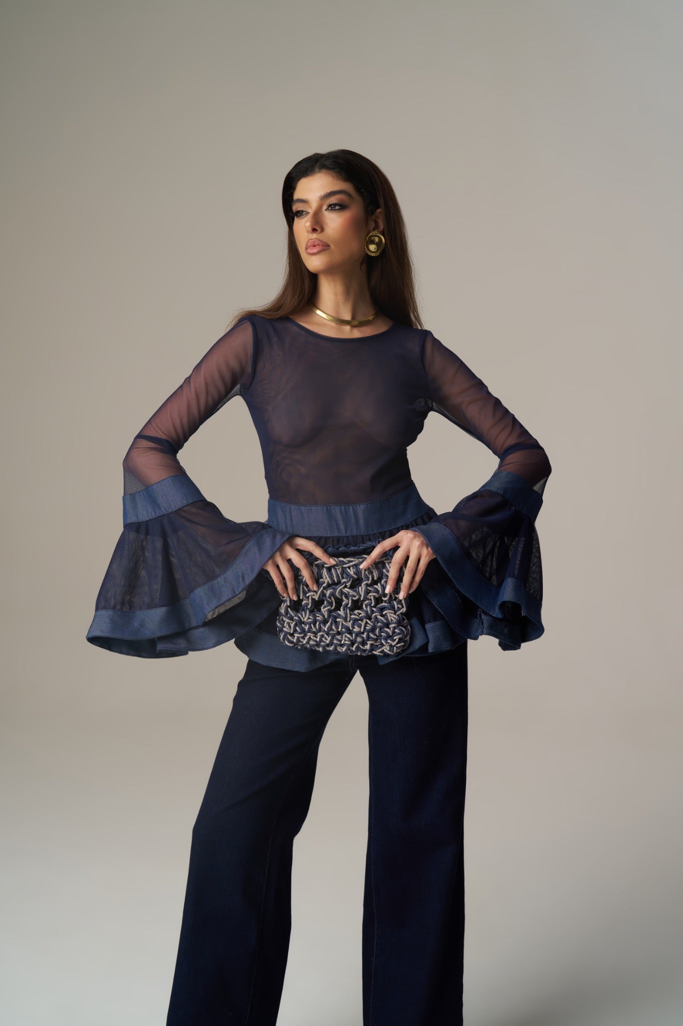Camisa Denim em Tule com Folhos – Pho Firenze