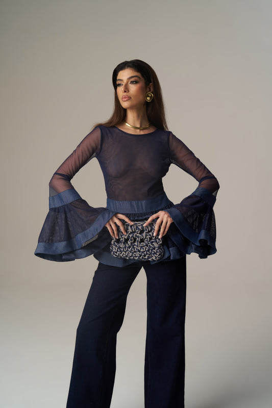 Camisa Denim em Tule com Folhos – Pho Firenze