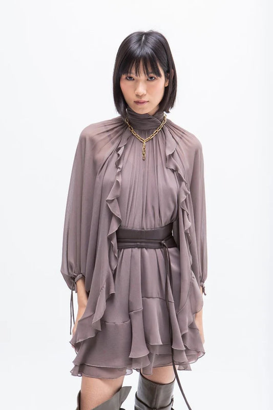 Vestido Curto com Folhos Capri Bison - Masavi