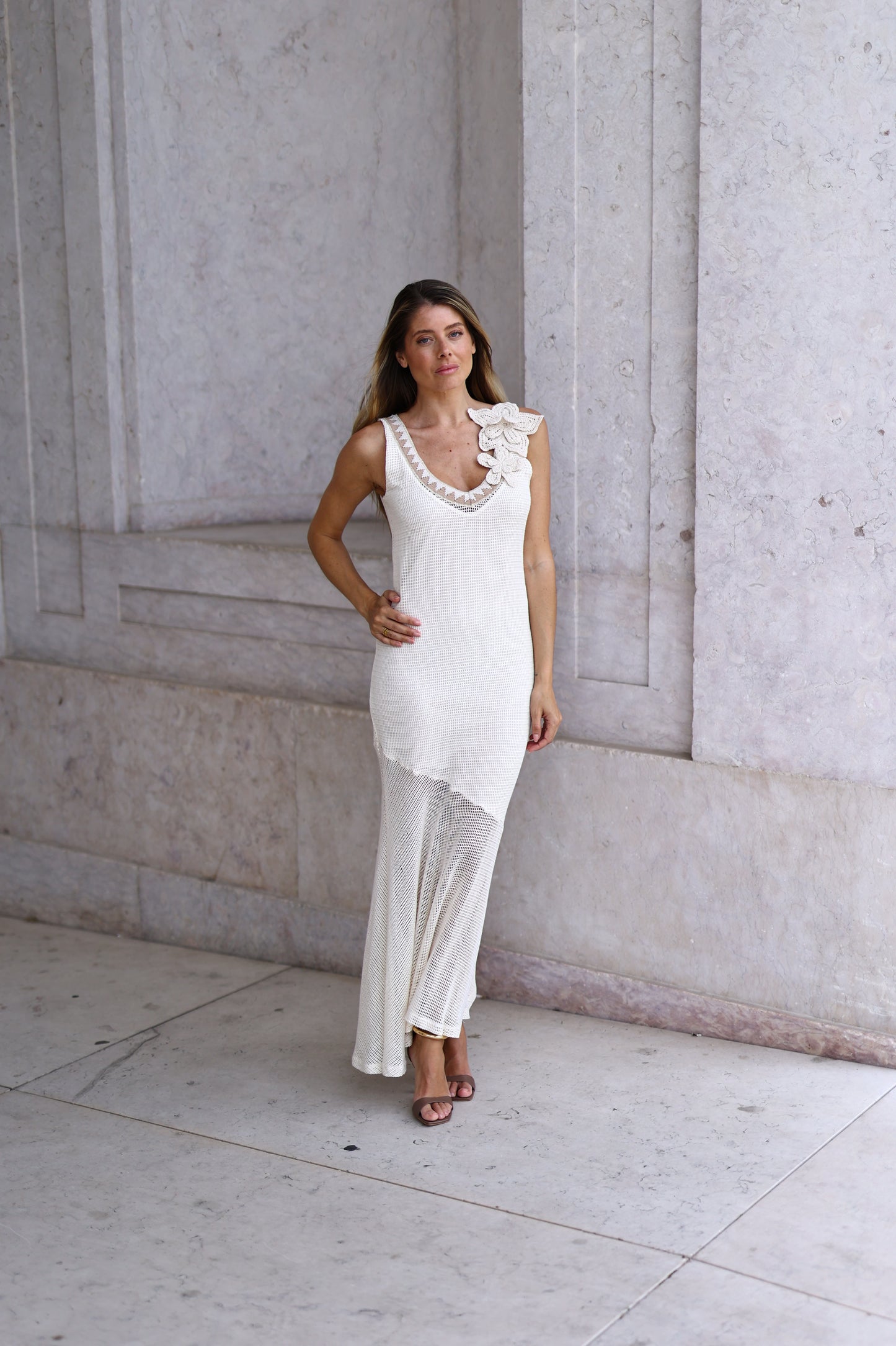 Vestido Comprido Em Malha Com Aplicações Florais – Pho Firenze