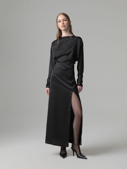 Vestido Comprido com Abertura e Decote nas Costas Preto – Gaëlle Paris