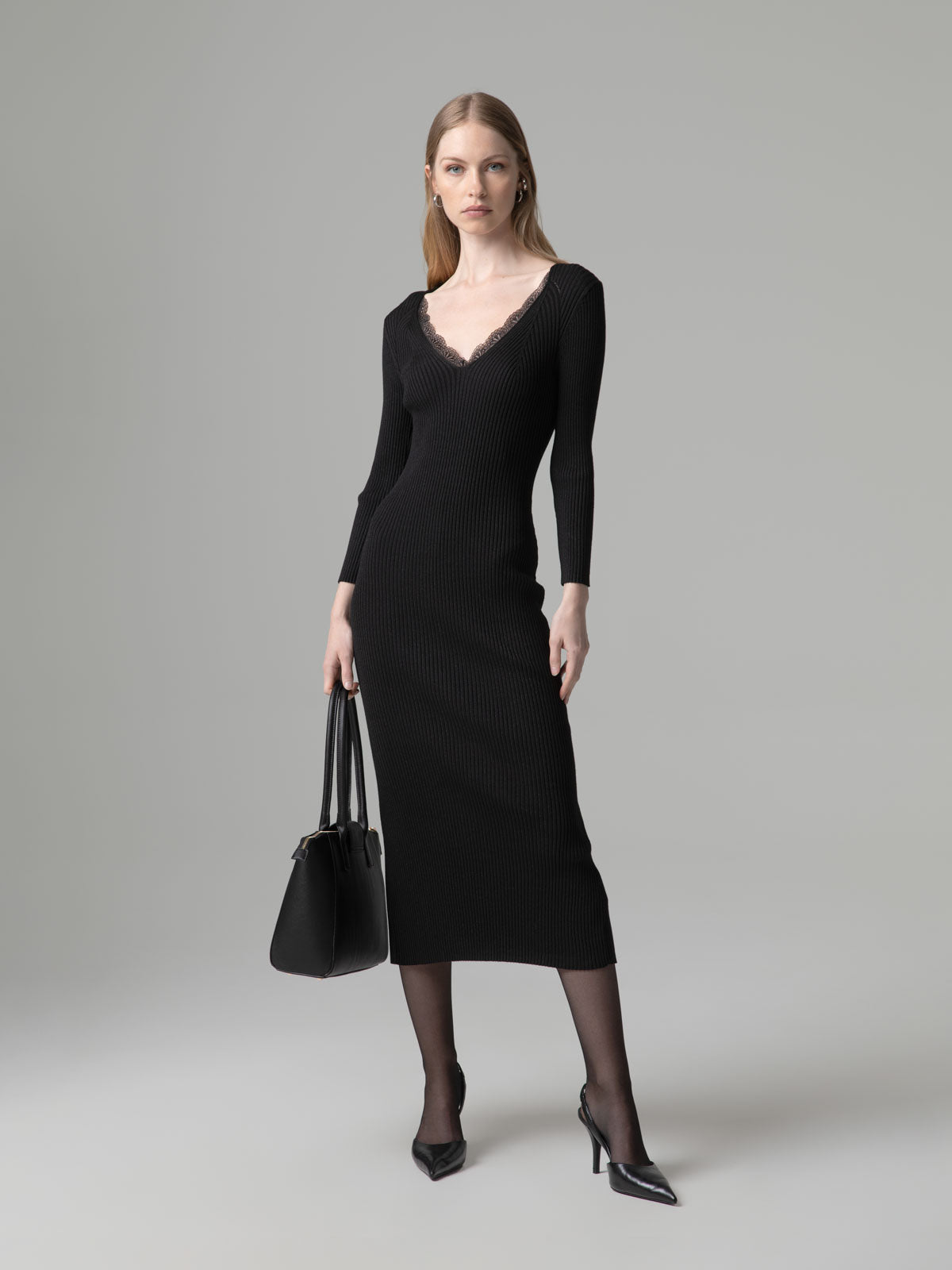 Vestido Midi de Malha com Abertura nas Costas Preto – Gaëlle Paris