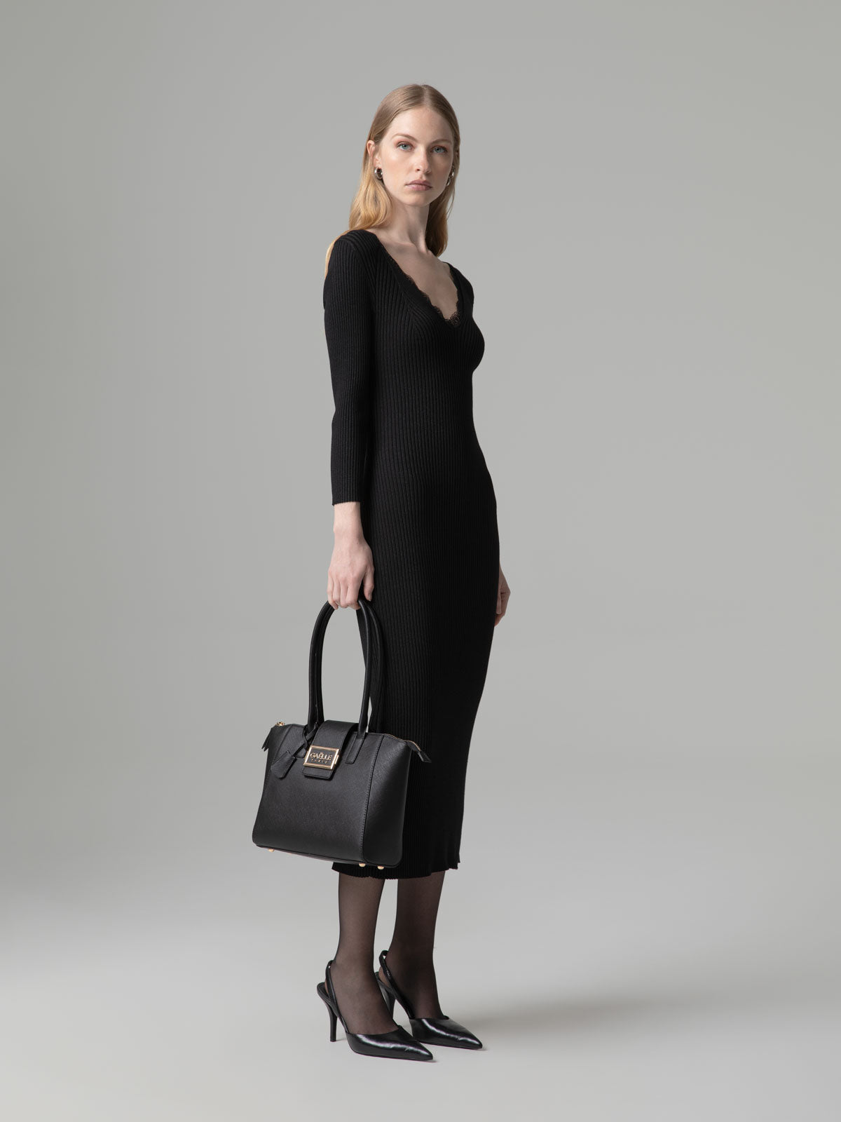 Vestido Midi de Malha com Abertura nas Costas Preto – Gaëlle Paris