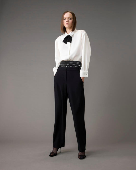 Calças  Em Enver Satin Com Cintura Corset Strass - Simona Corsellini