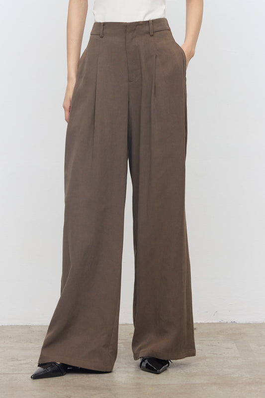 Calças Wide Leg com Pregas em Taupe – Eleh
