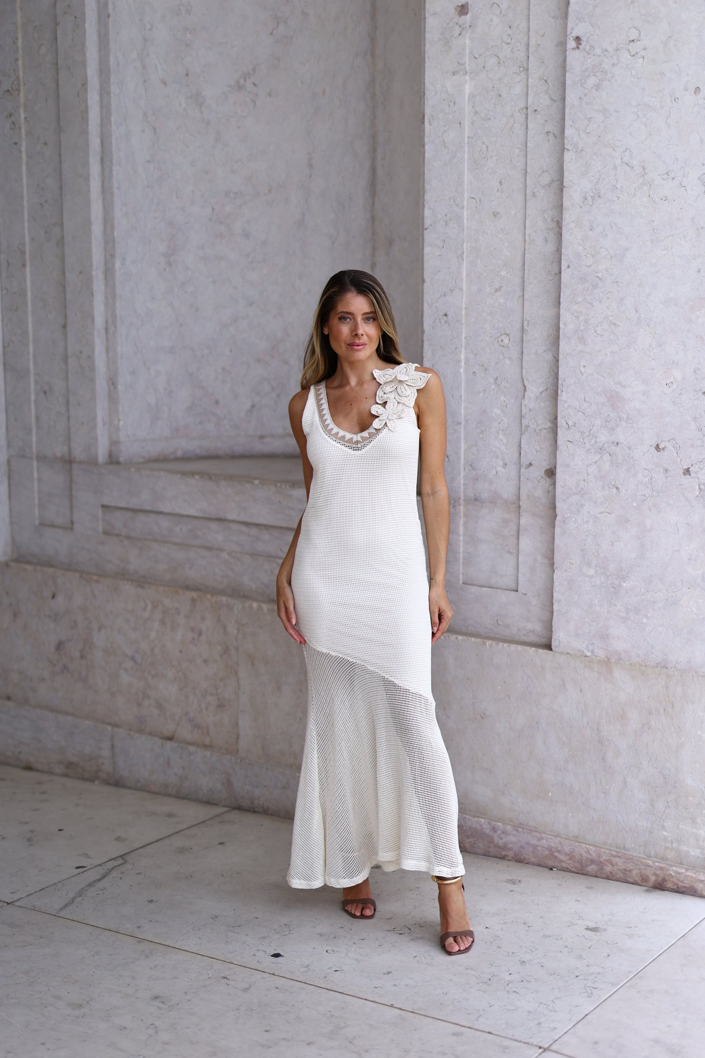 Vestido Comprido Em Malha Com Aplicações Florais – Pho Firenze