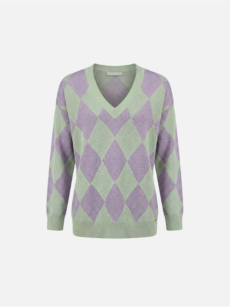 Camisola de Malha com Padrão Losangos e Decote em V - Scripta