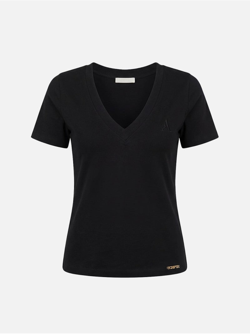 T-shirt em Algodão com Decote em V e Logo – Scripta