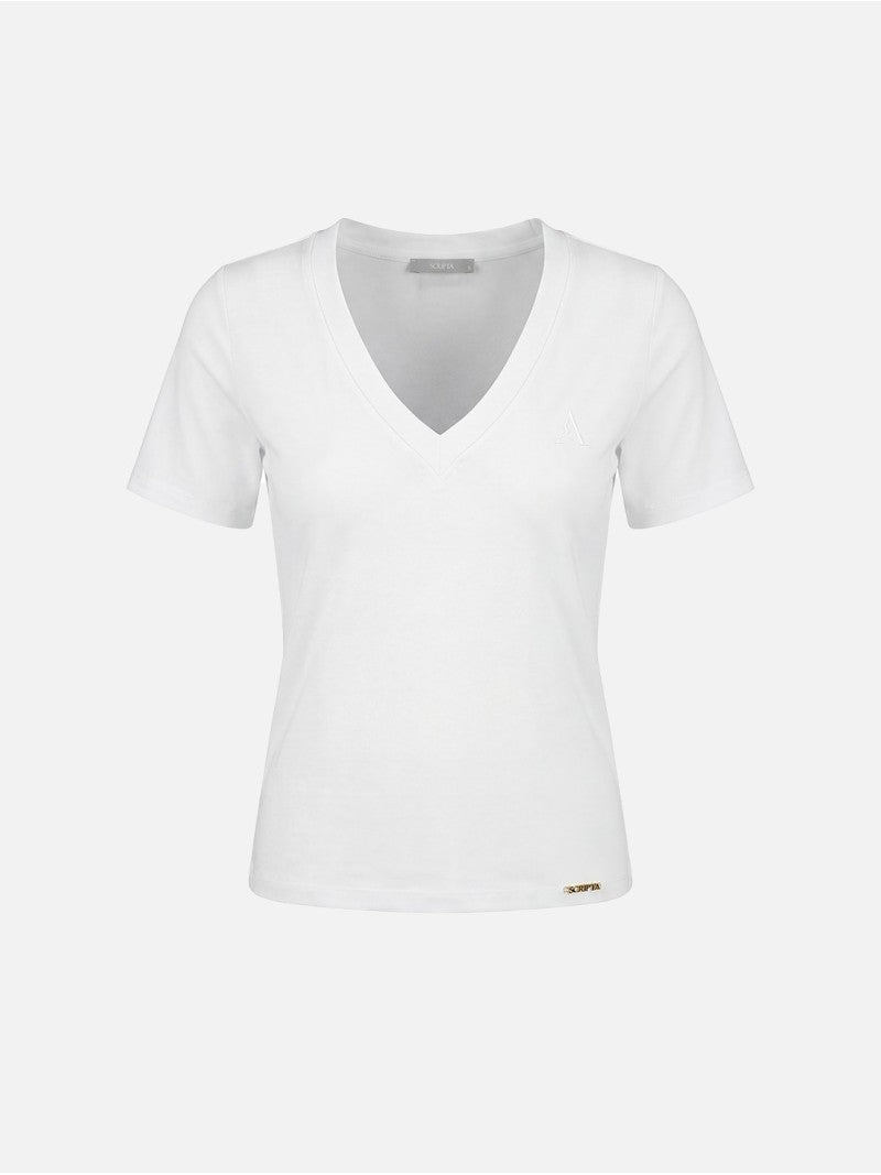 T-shirt em Algodão com Decote em V e Logo – Scripta