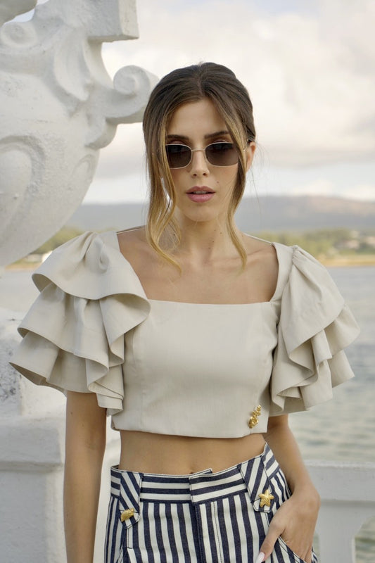 Top Cropped Com Folhos E Detalhe Dourado – Highly Preppy