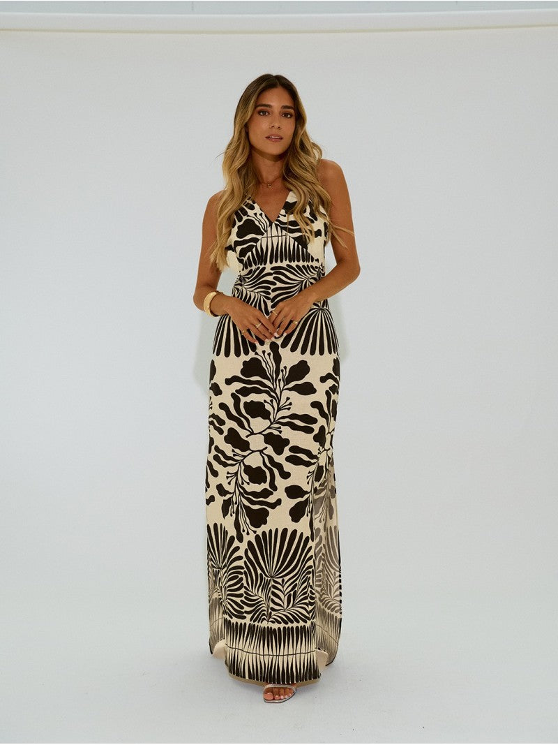 Vestido Comprido Estampado Com Aberturas Laterais – Scripta