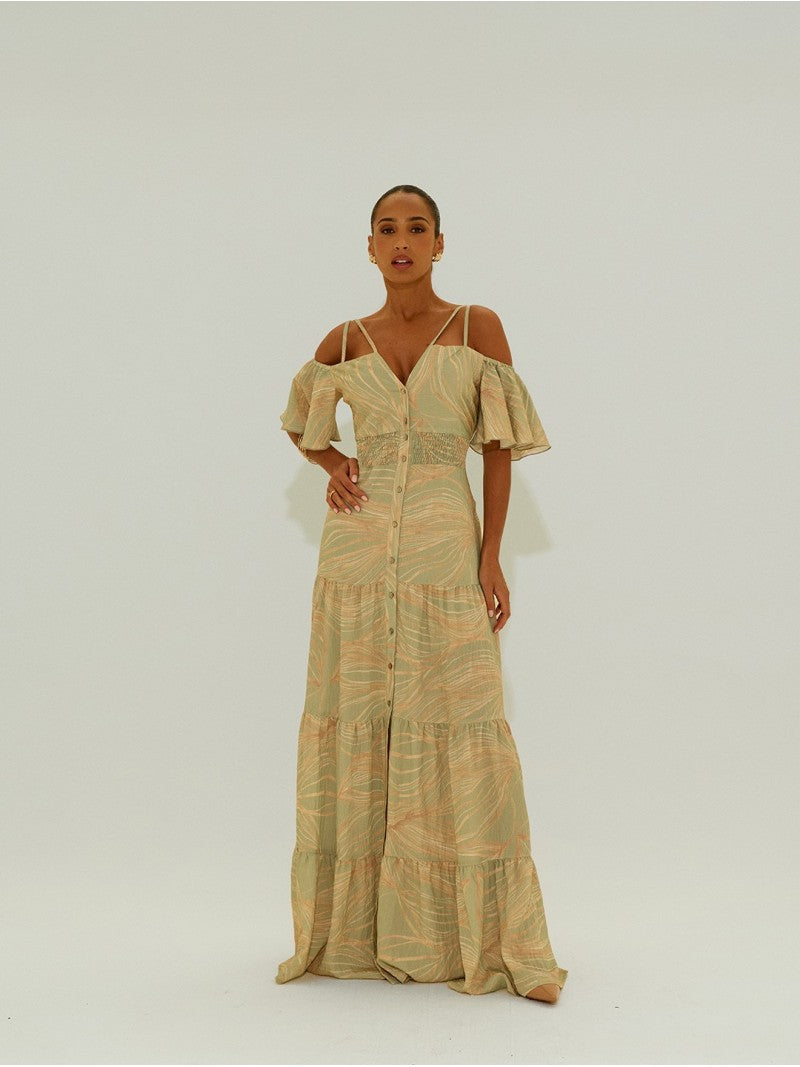 Vestido Comprido Estampado Com Ombros Descobertos – Scripta