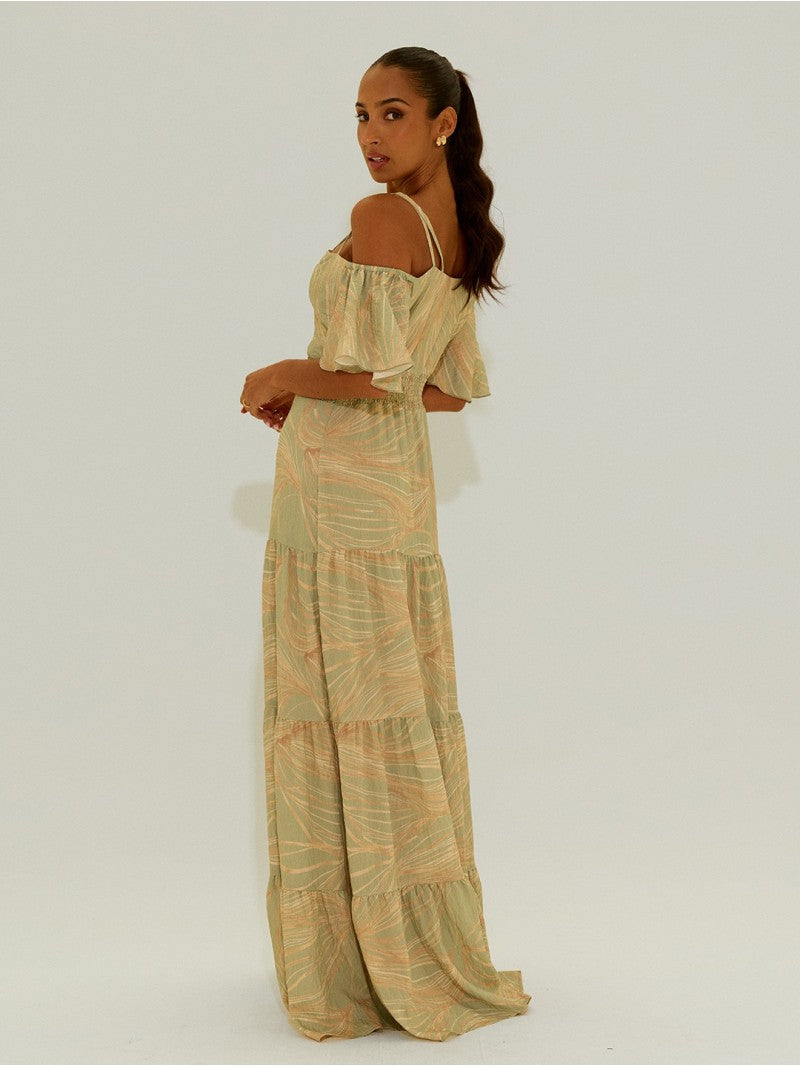 Vestido Comprido Estampado Com Ombros Descobertos – Scripta