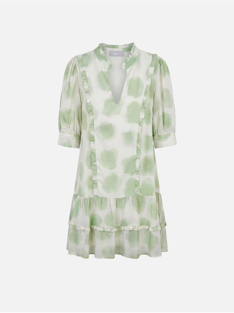 Vestido Curto Estampado com Folhos – Scripta